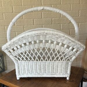 Vintage Wicker White Arched Magazine Holder / Rack w/ Wooden Beaded Detail